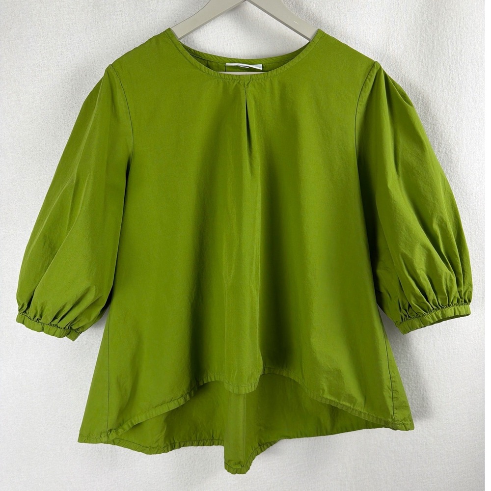 Bryn Walker Organic Cotton Blouse Lime Green Puff Sleeve High Low Hem Sz S USA